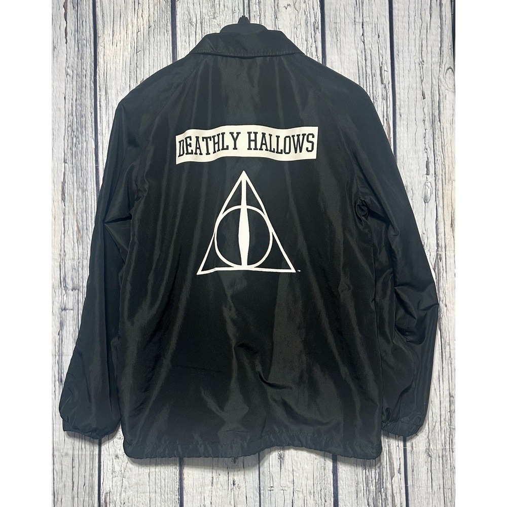 Harry Potter Windbreaker‎ Jacket Size Large Deathly Hallows Black Graphic Patch